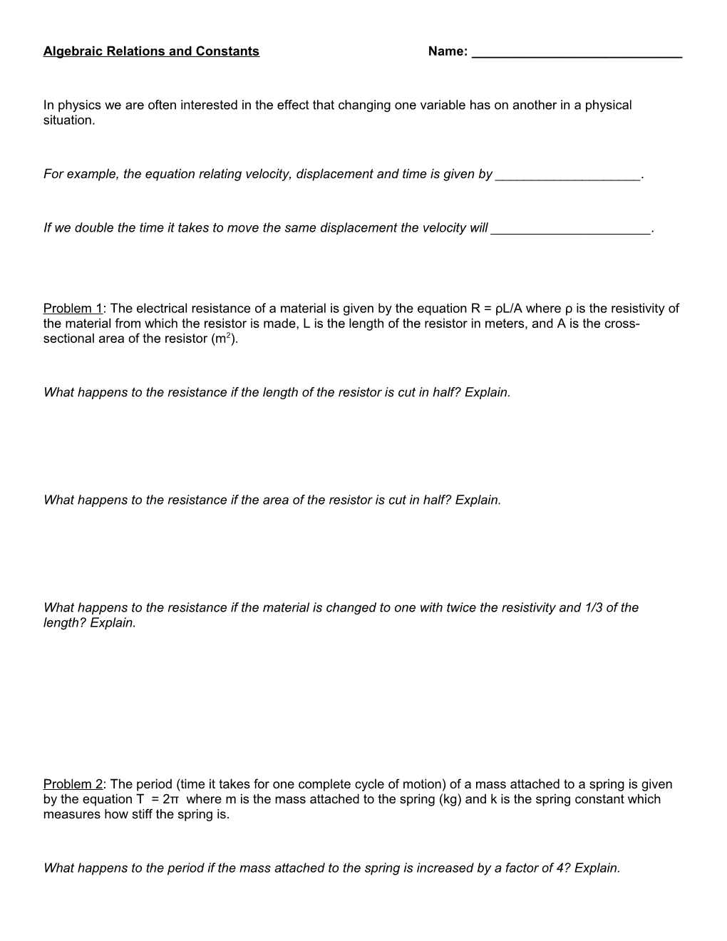 Algebraic Relations and Constantsname: ______