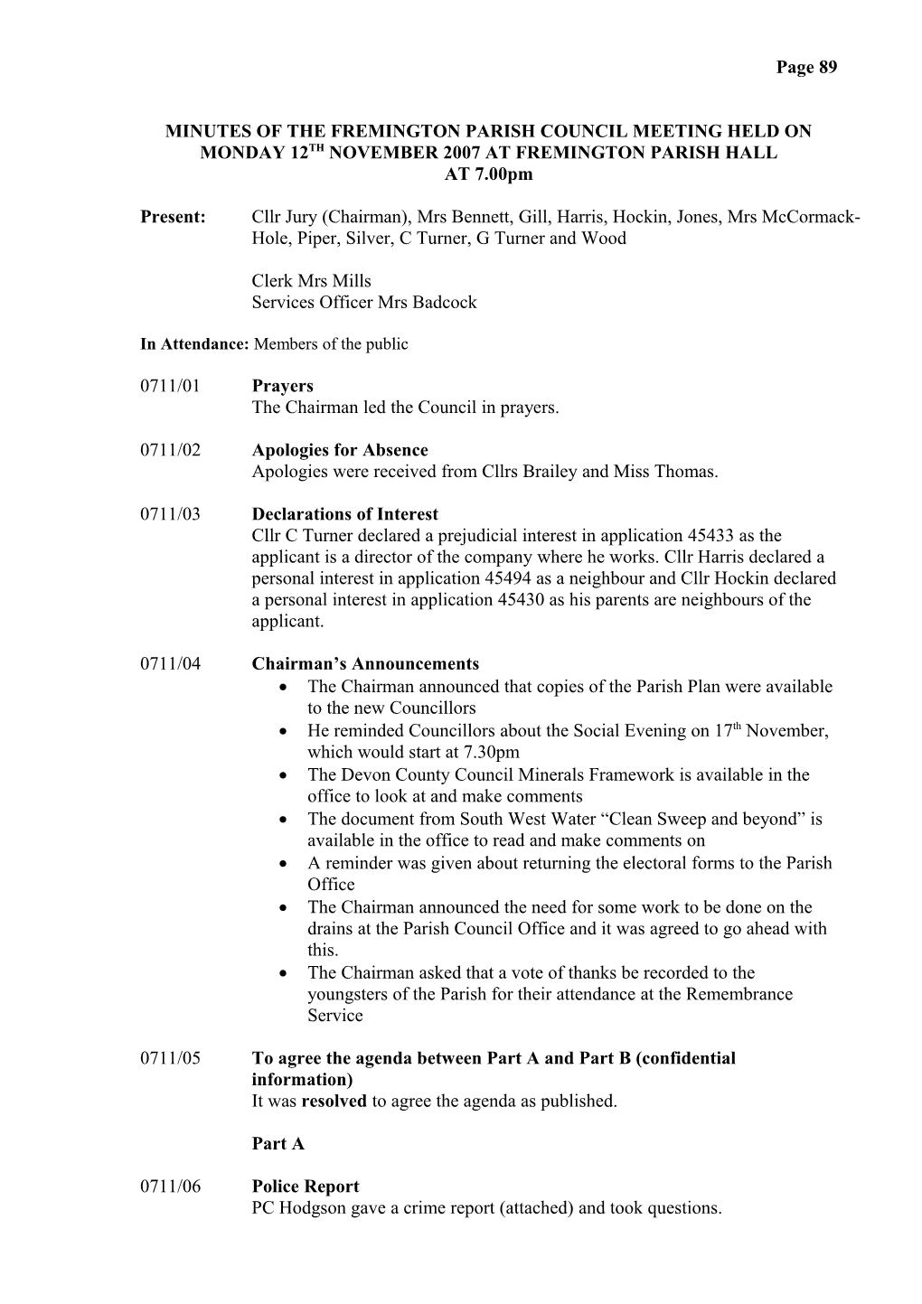 Minutes of the Fremington Parish Council Meeting Held on Monday 12Th November 2007 At