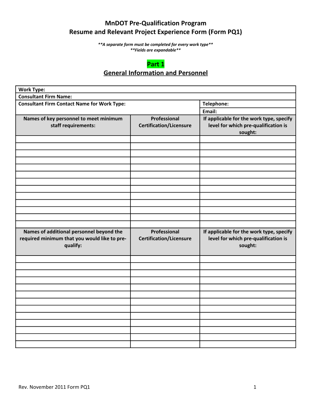 Resume and Relevant Project Experience Form (Form PQ1)