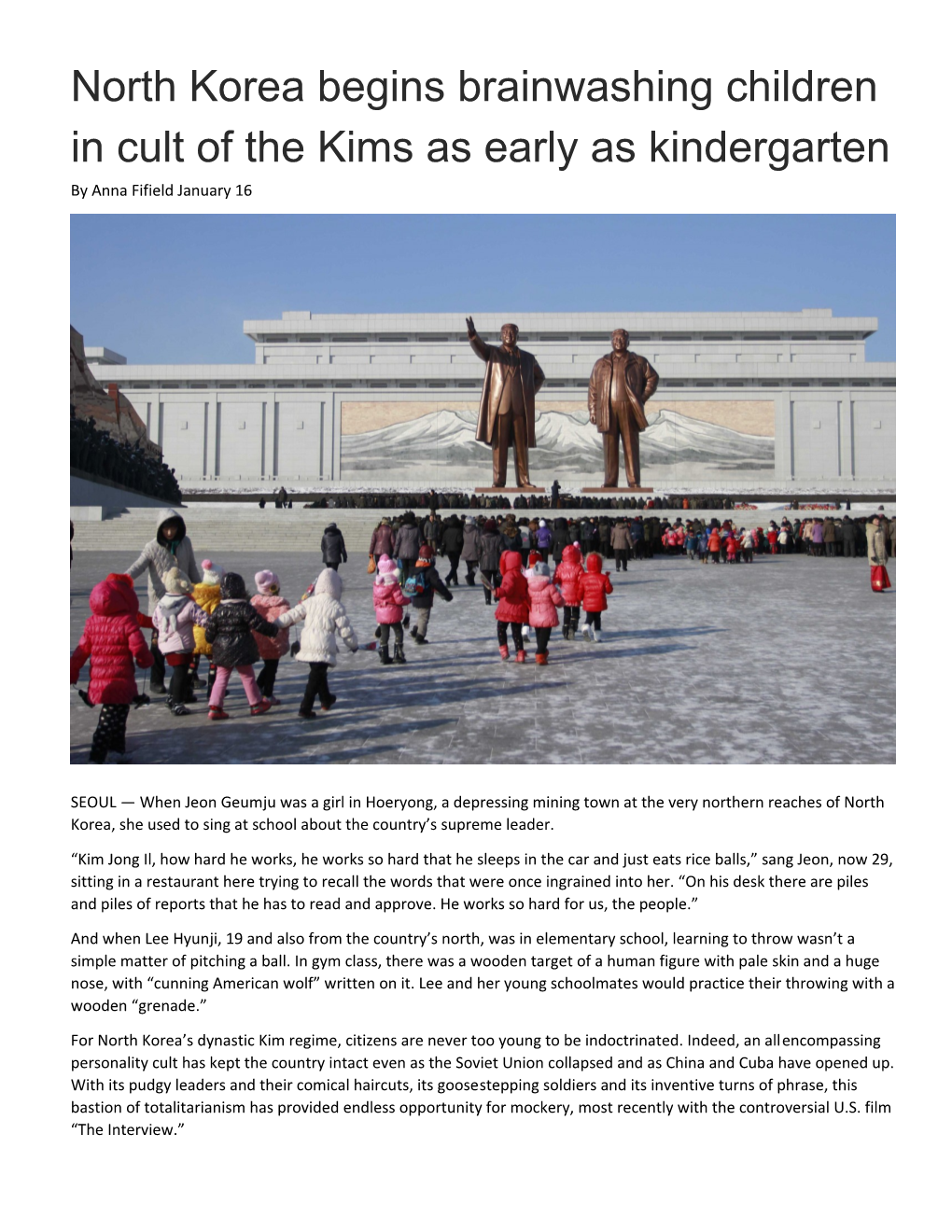 North Korea Begins Brainwashing Children in Cult of the Kims As Early As Kindergarten