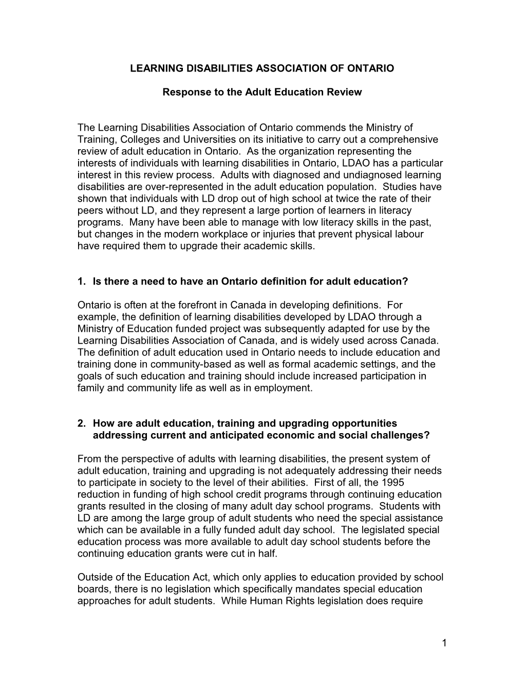 LDAO Response to the Adult Education Review