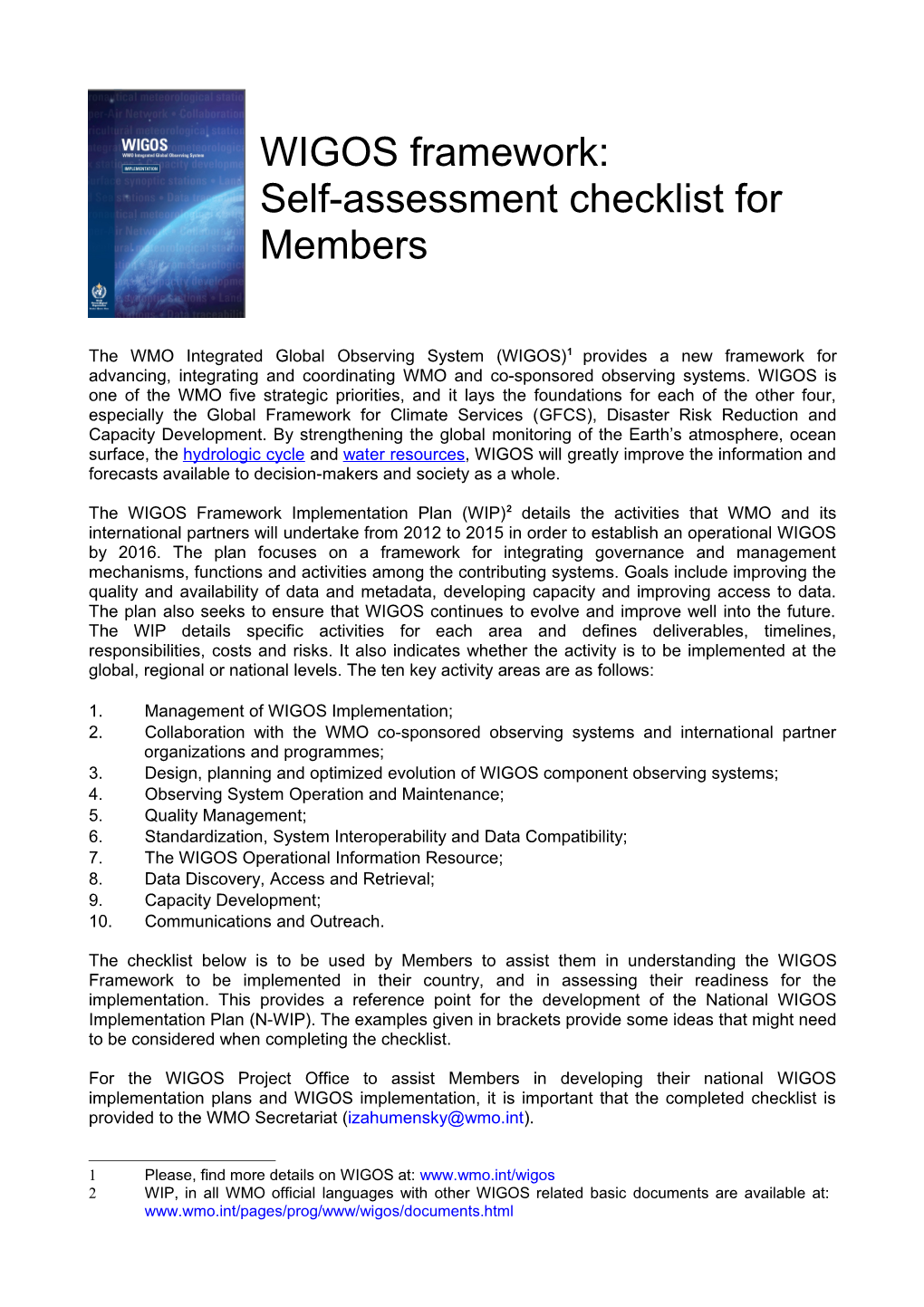 WIGOS Framework: Self-Assessment Checklist for Members