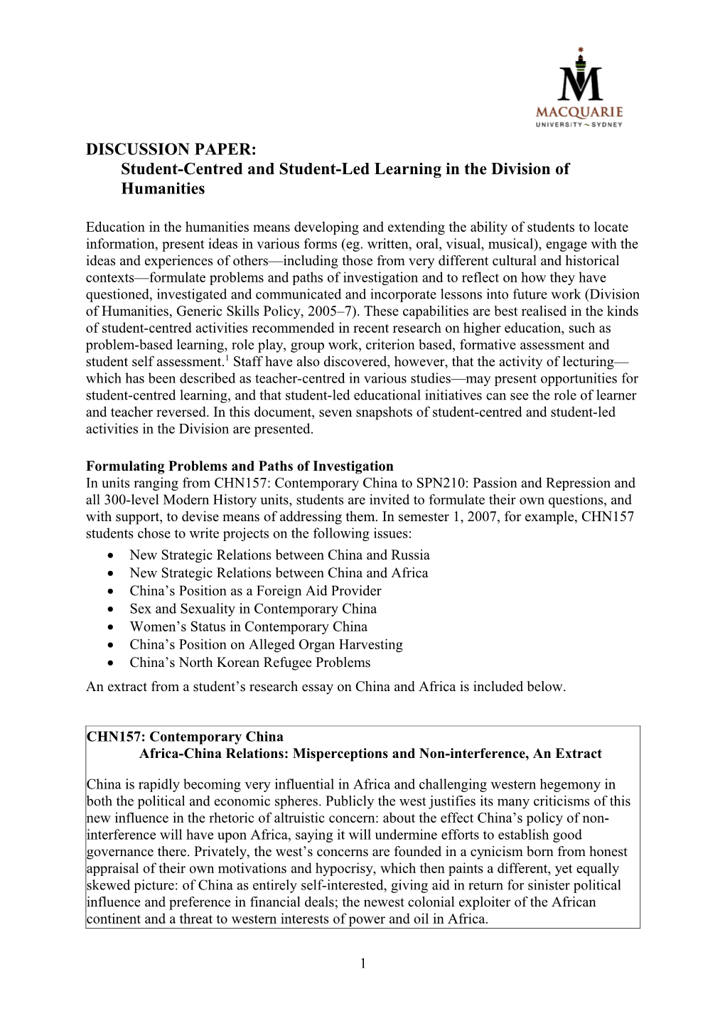 Student-Centred and Student-Led Learning in the Division of Humanities