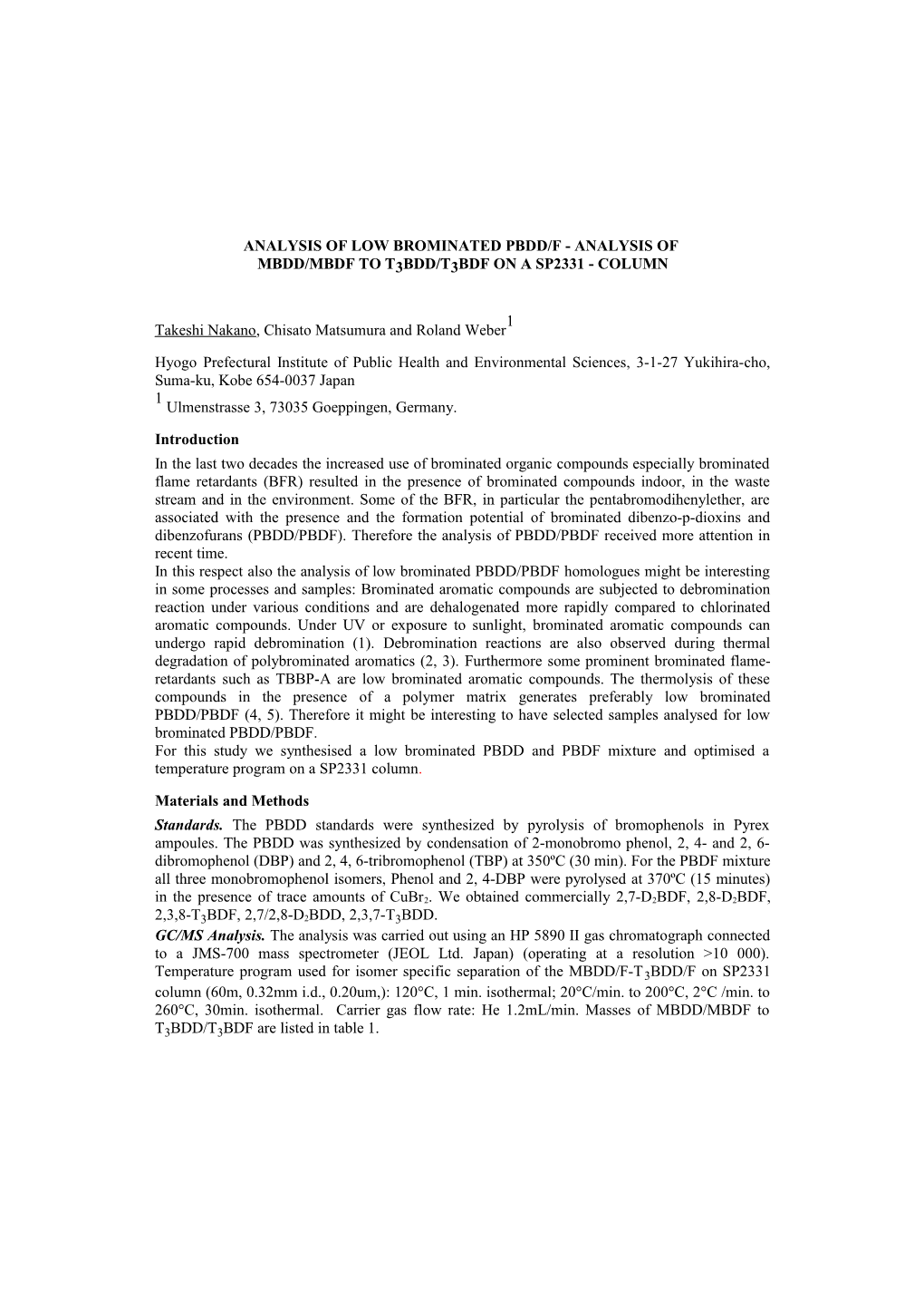 Analysis of Low Brominated Pbdd/F - Analysis Of