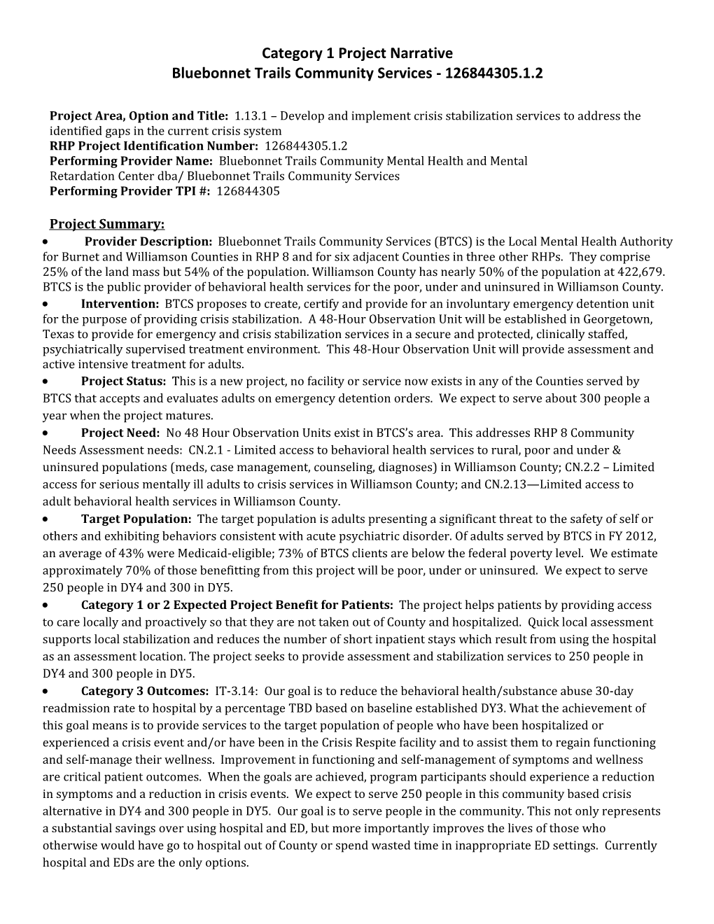 Projectarea, Optionandtitle: 1.13.1 Developand Implementcrisis Stabilization Servicesto