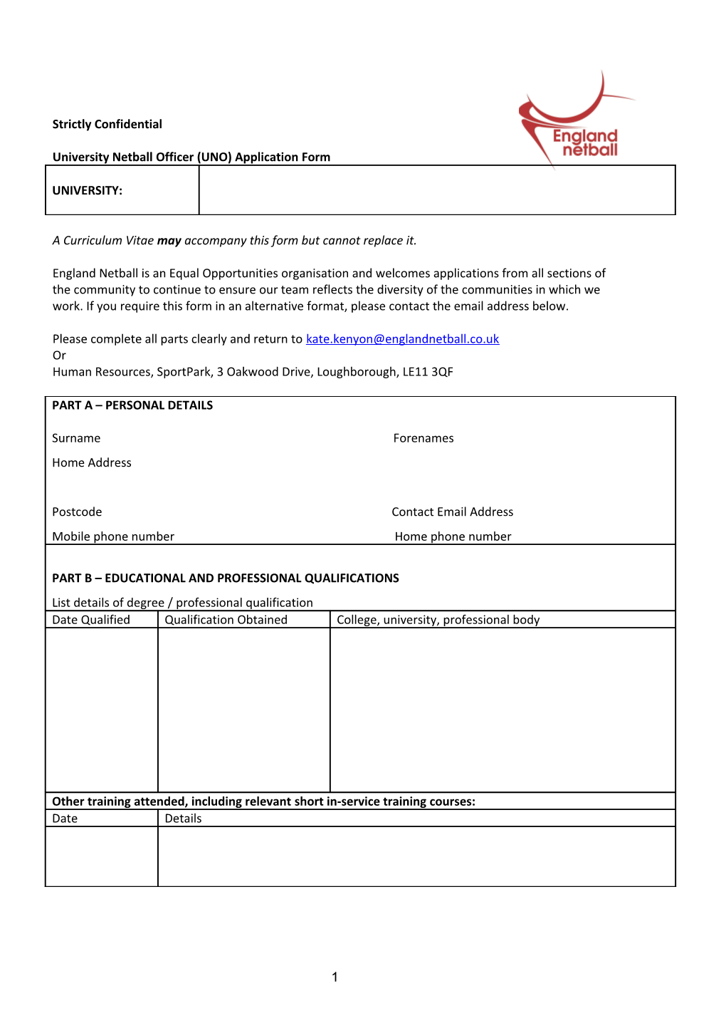 University Netball Officer (UNO) Application Form