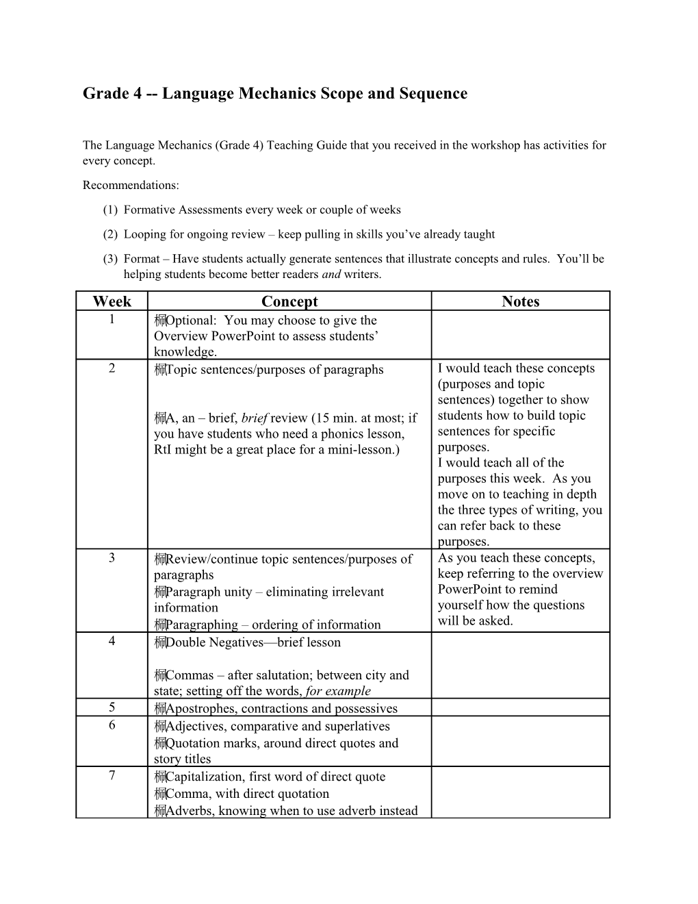 Grade 4 Language Mechanics Scope and Sequence