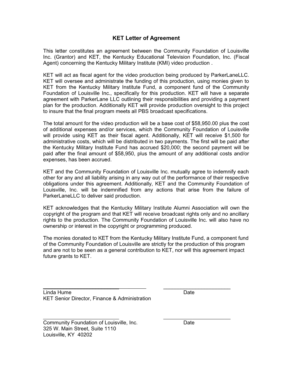 KET Programming Letter of Agreement
