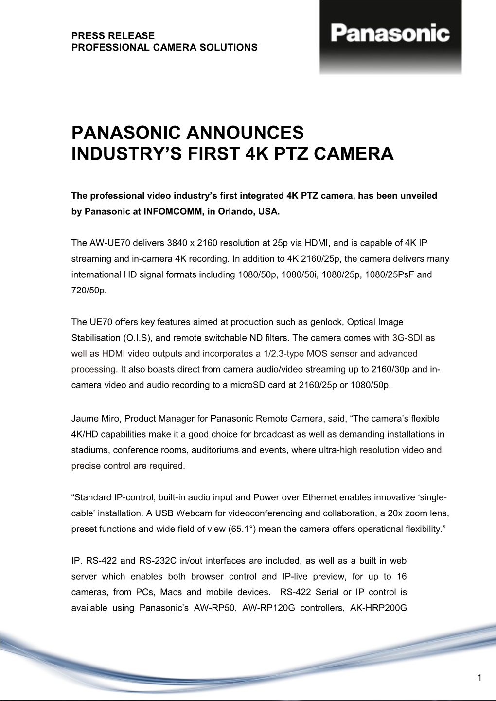 Panasonic Announces Industry S First 4K Ptz Camera
