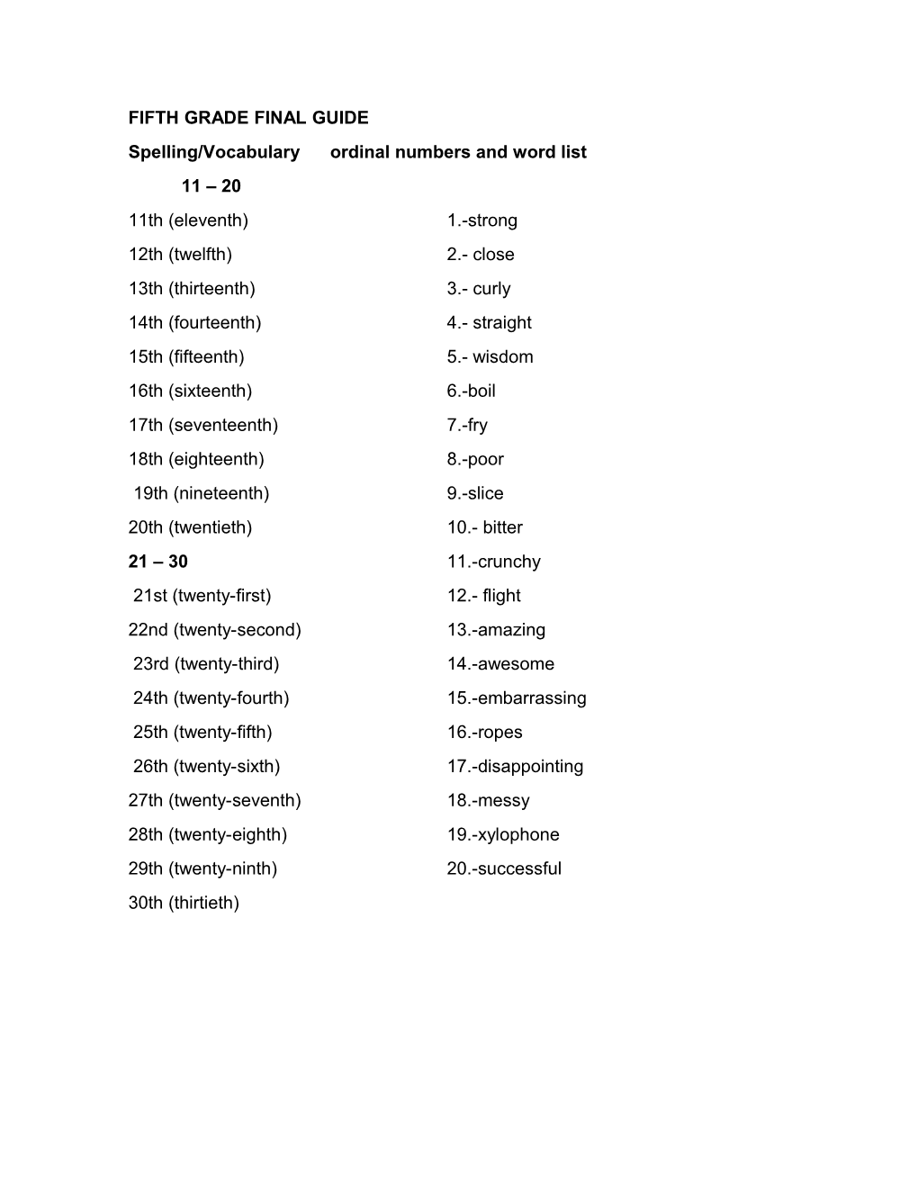 Spelling/Vocabulary Ordinal Numbers and Word List