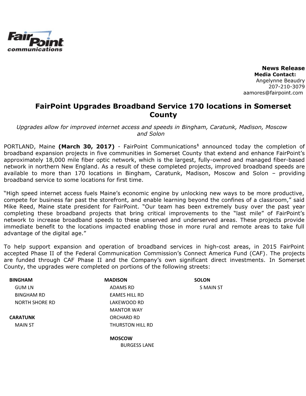 Fairpoint Upgrades Broadband Service 170 Locations in Somerset County