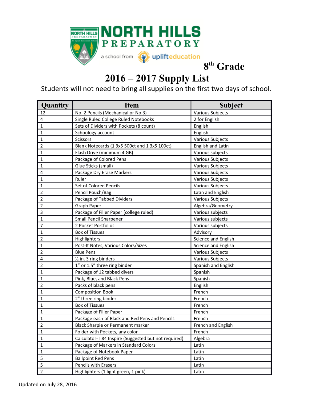 Students Will Not Need to Bring All Supplies on the First Two Days of School