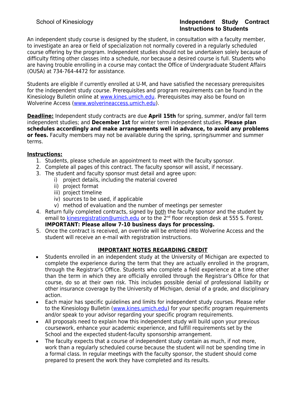 School of Kinesiology Independentstudy Contract Instructions to Students