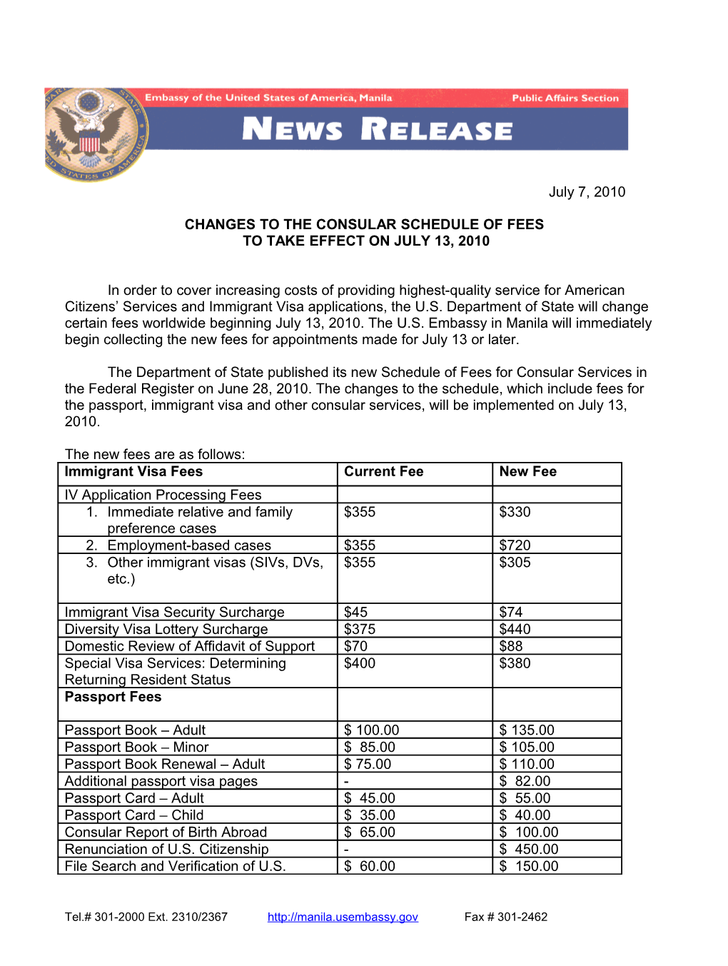 Changes to the Consular Schedule of Fees