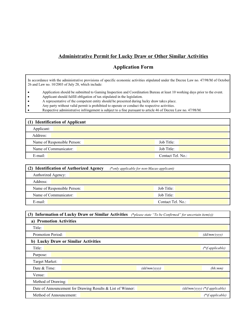 Administrative Permit for Lucky Draw Or Other Similar Activities Application Form