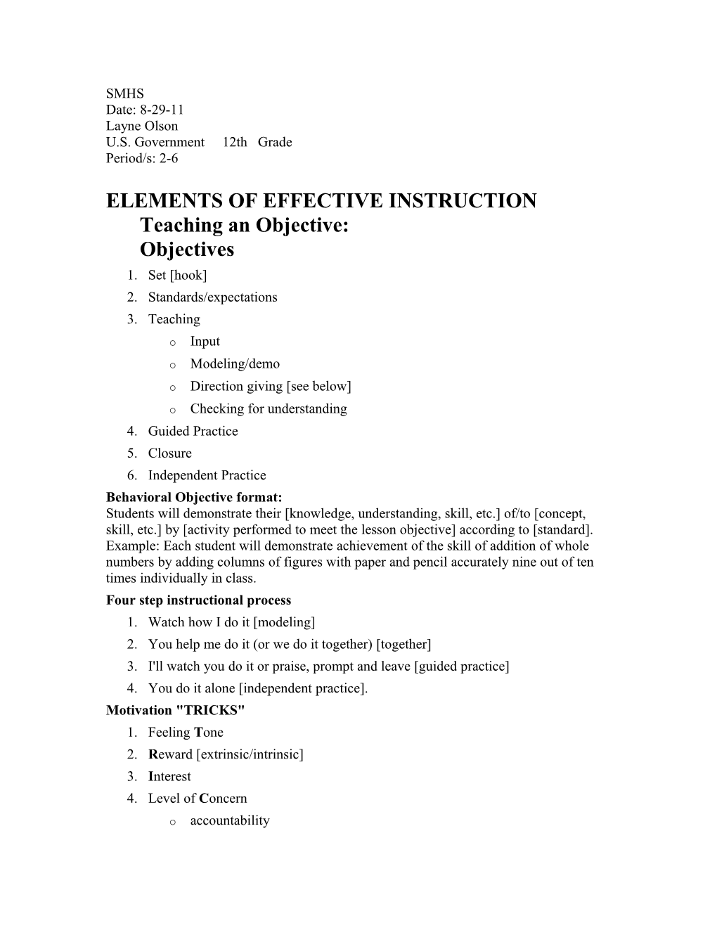 ELEMENTS of EFFECTIVE Instructionteaching an Objective: Objectives