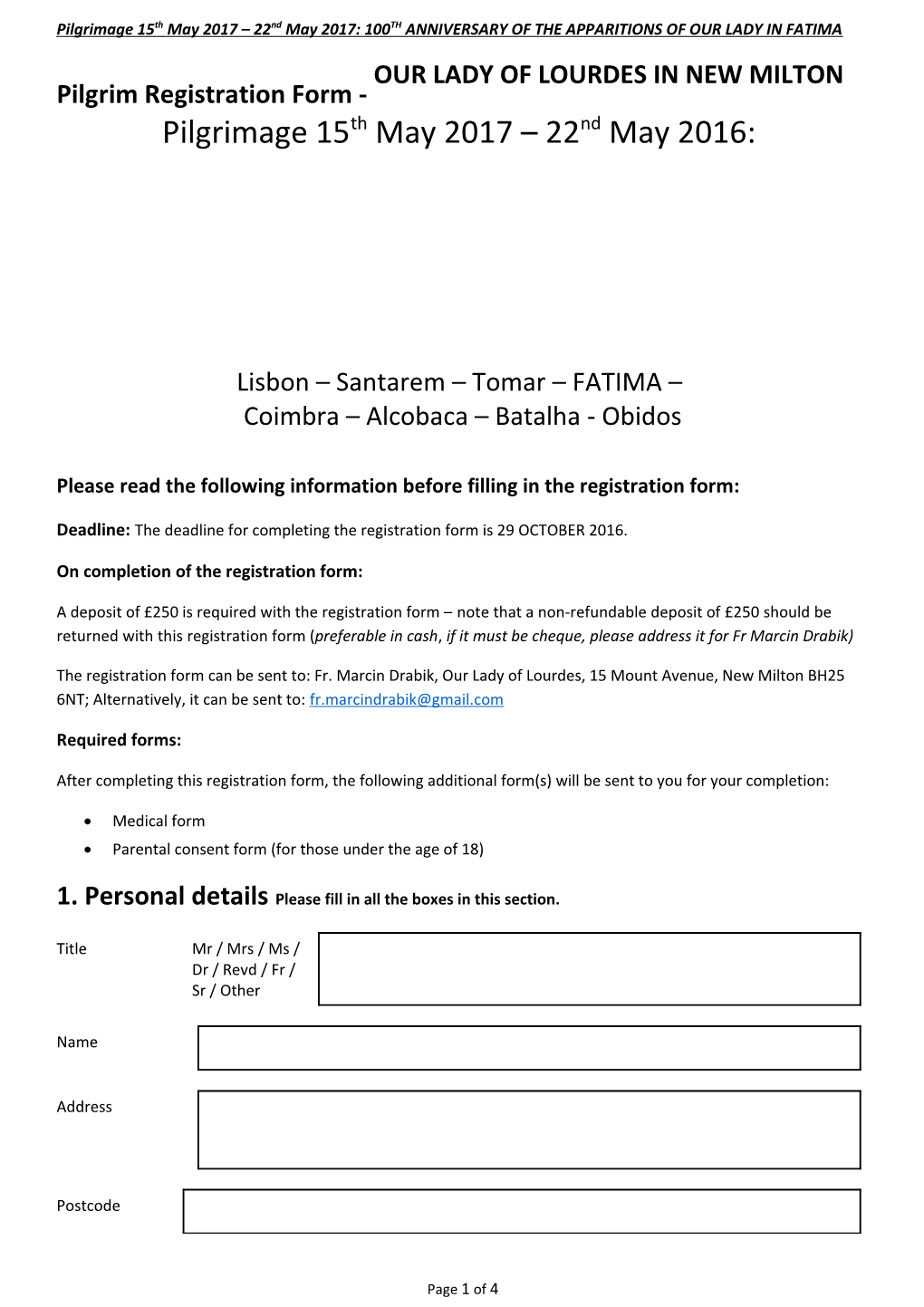 Pilgrim Registration Form - OUR LADY of LOURDES in NEW MILTON