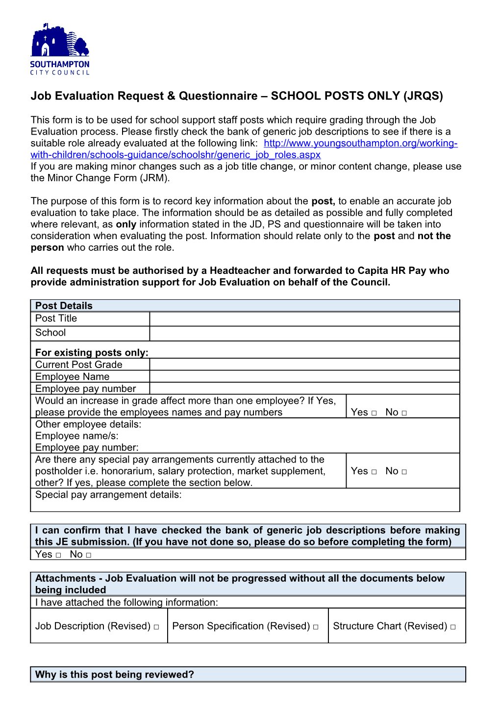 Job Review Request & Questionnaire Existing Posts (JRQ1 E)