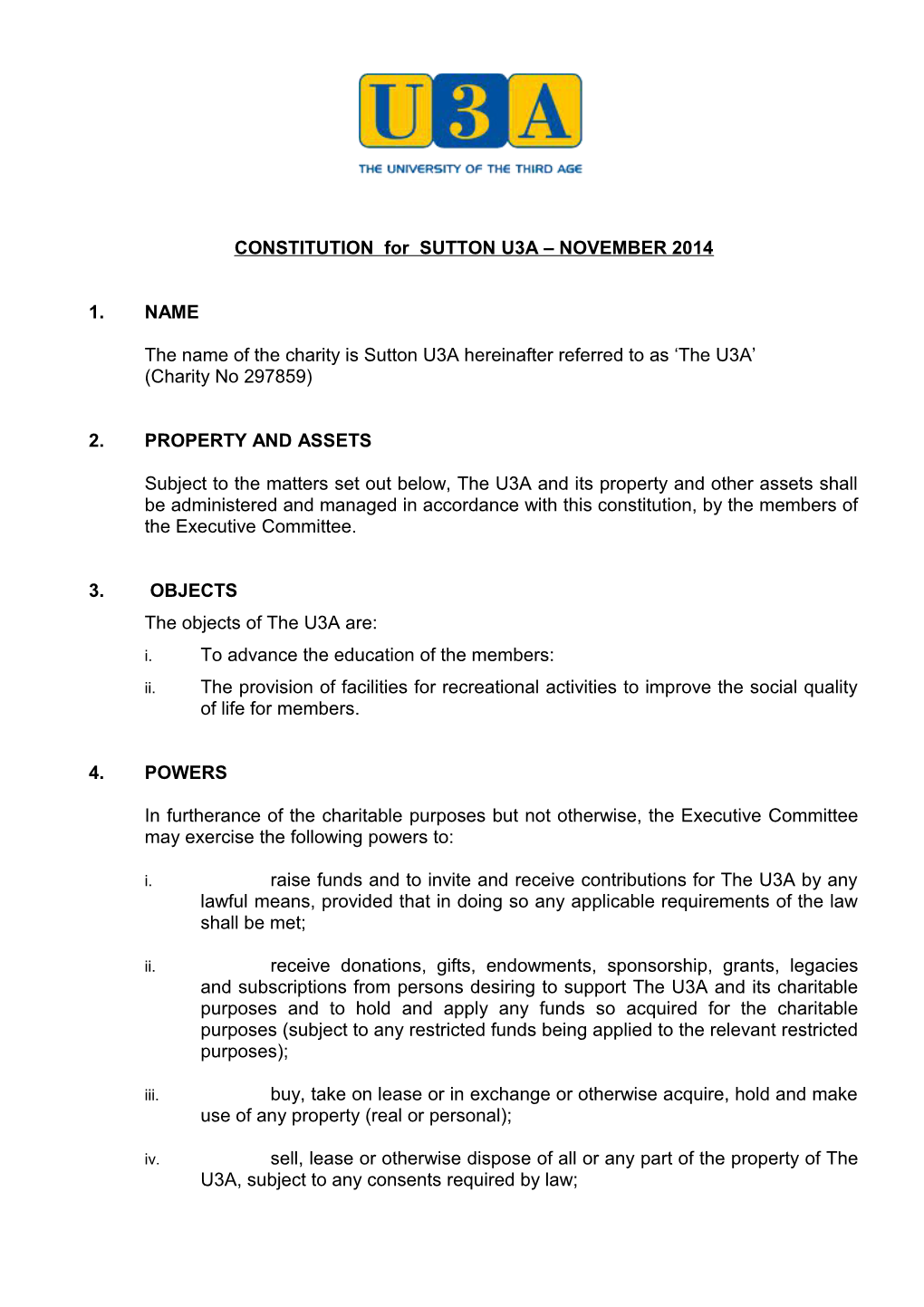 CONSTITUTION for SUTTON U3A NOVEMBER 2014
