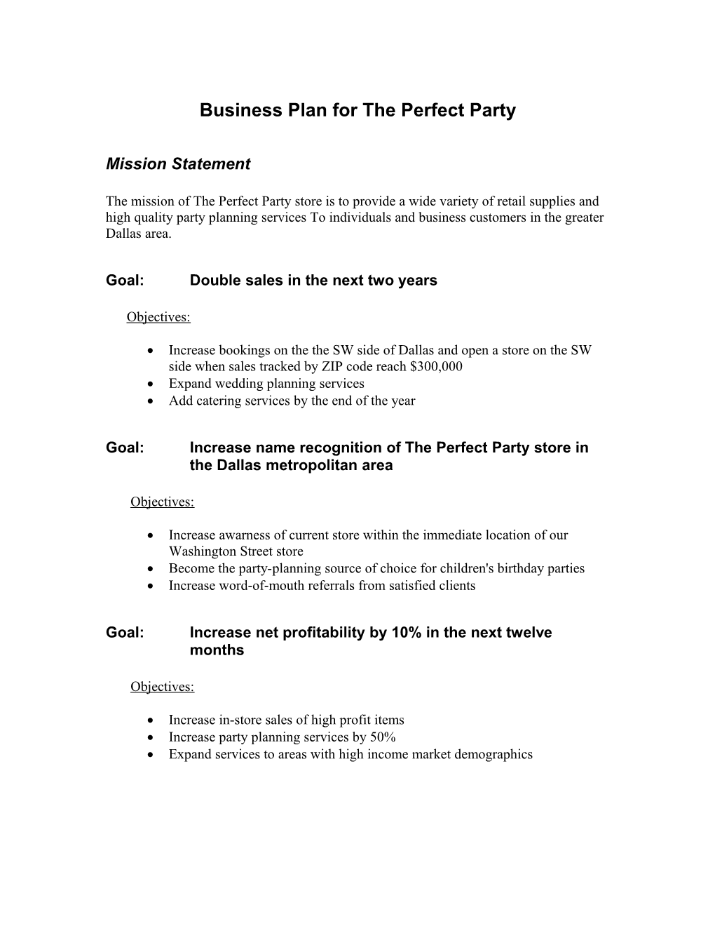 Business Plan for the Perfect Party