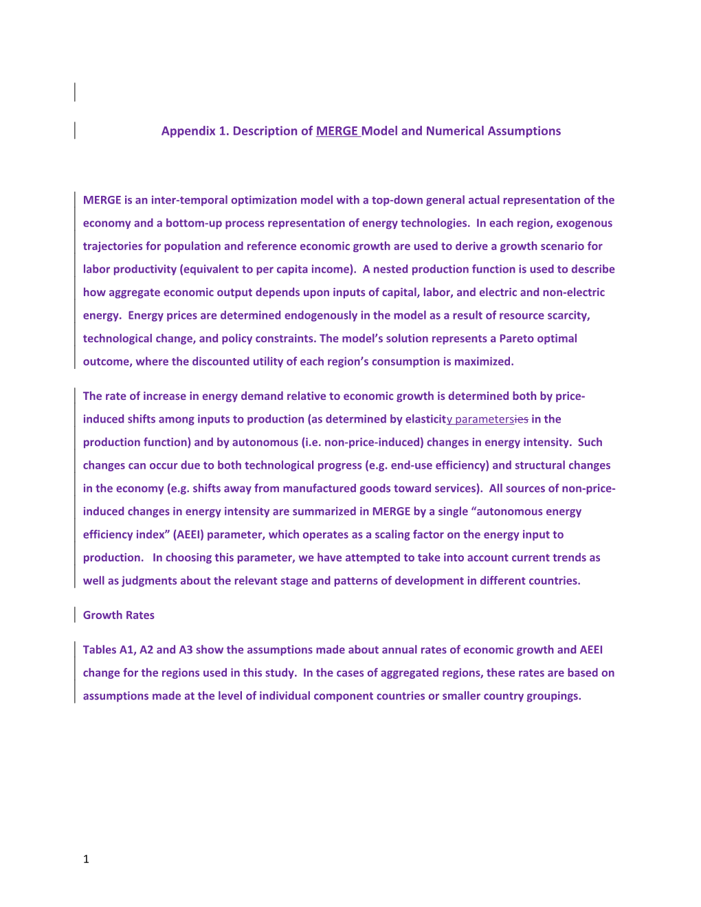 Appendix 1. Description of MERGE Model and Numerical Assumptions