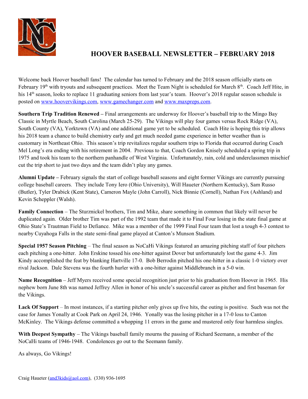 Hoover Baseball Newsletter February 2018