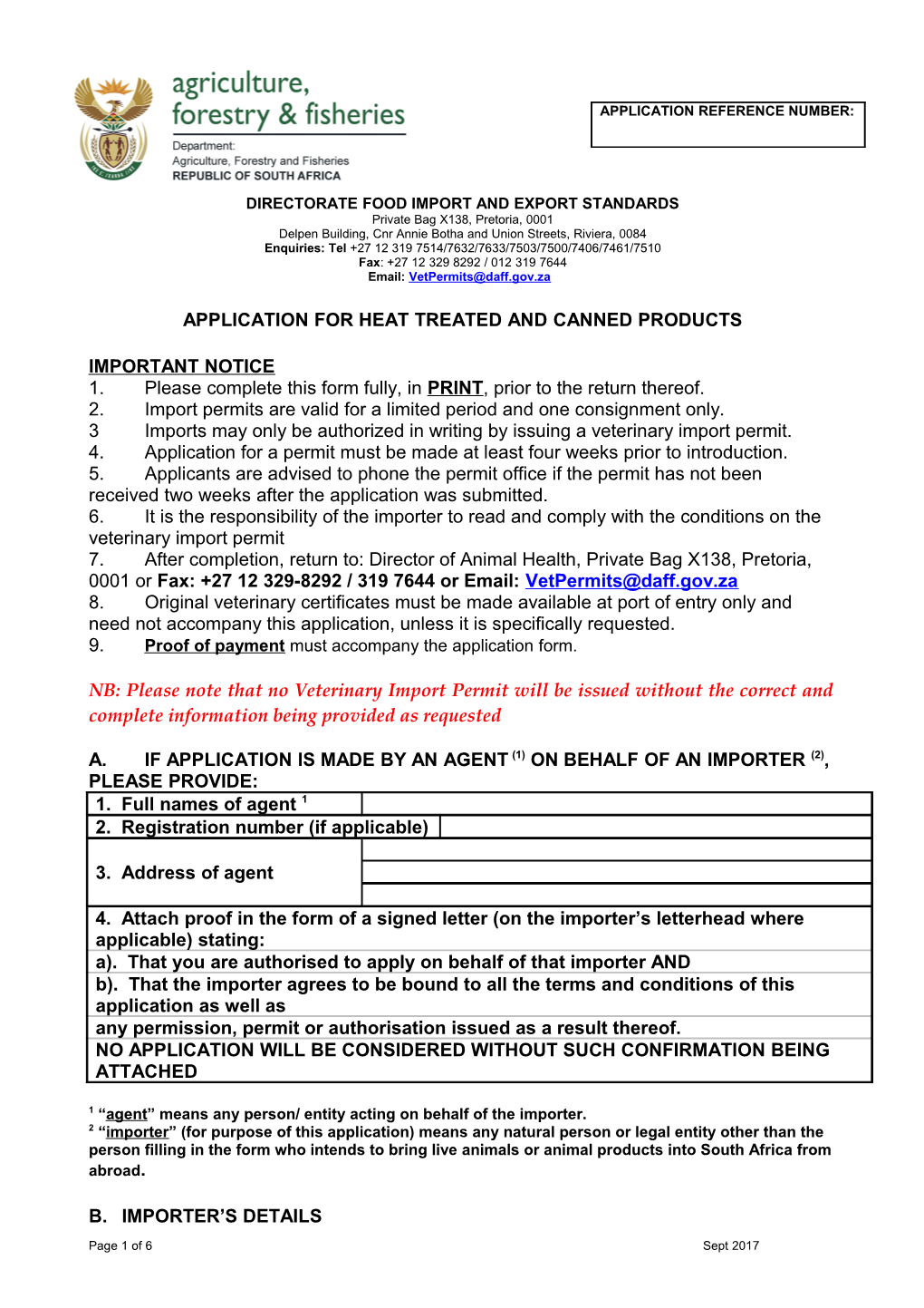 Application to Import Animals Or Animal Products Into the Rsa (No Subject to Qurantine)