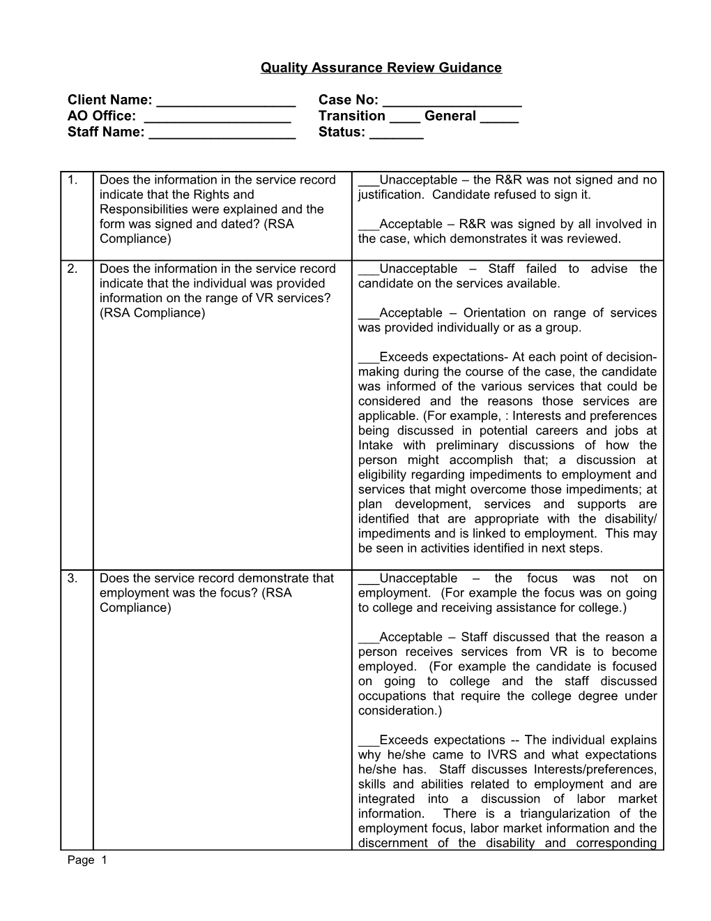 Quality Assurance Review Guidance