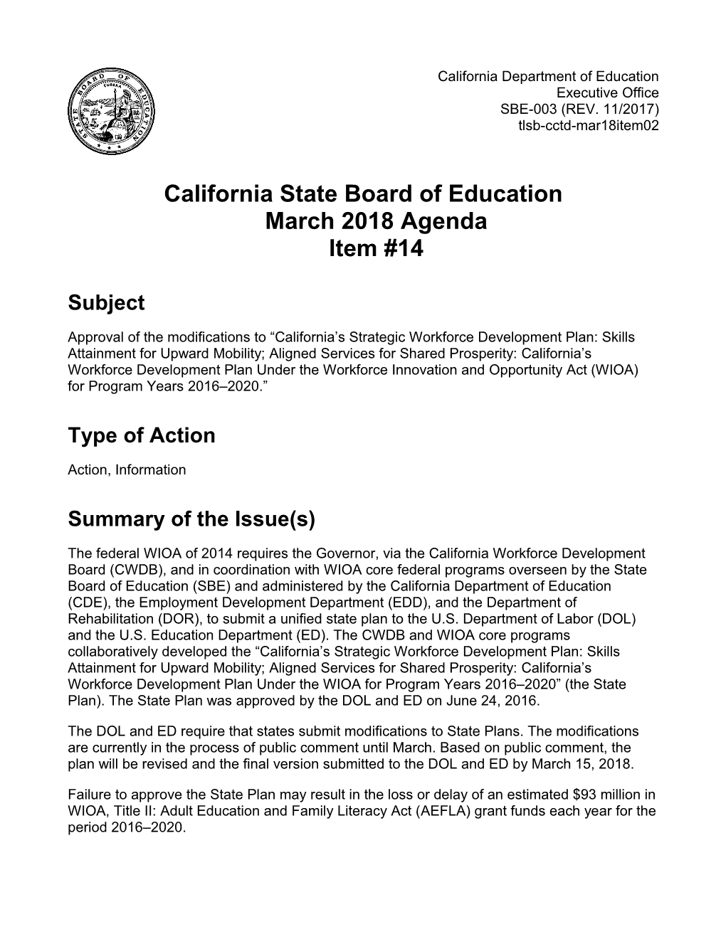 March 2018 Agenda Item 14 - Meeting Agendas (CA State Board of Education)