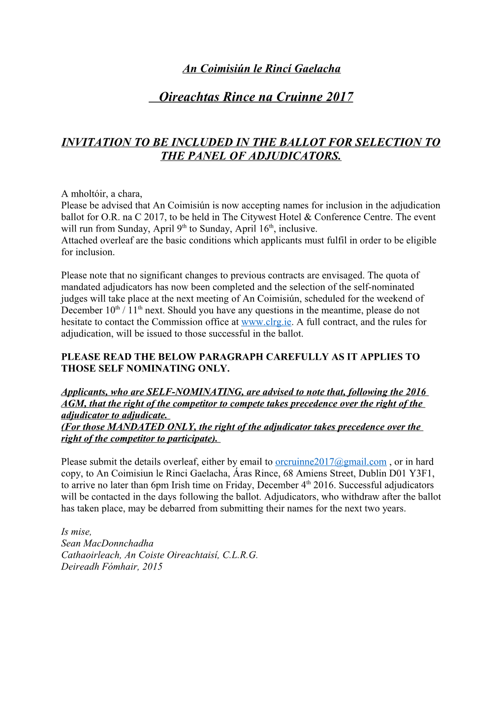 Invitation to Be Included in the Ballot for Selection to the Panel of Adjudicators