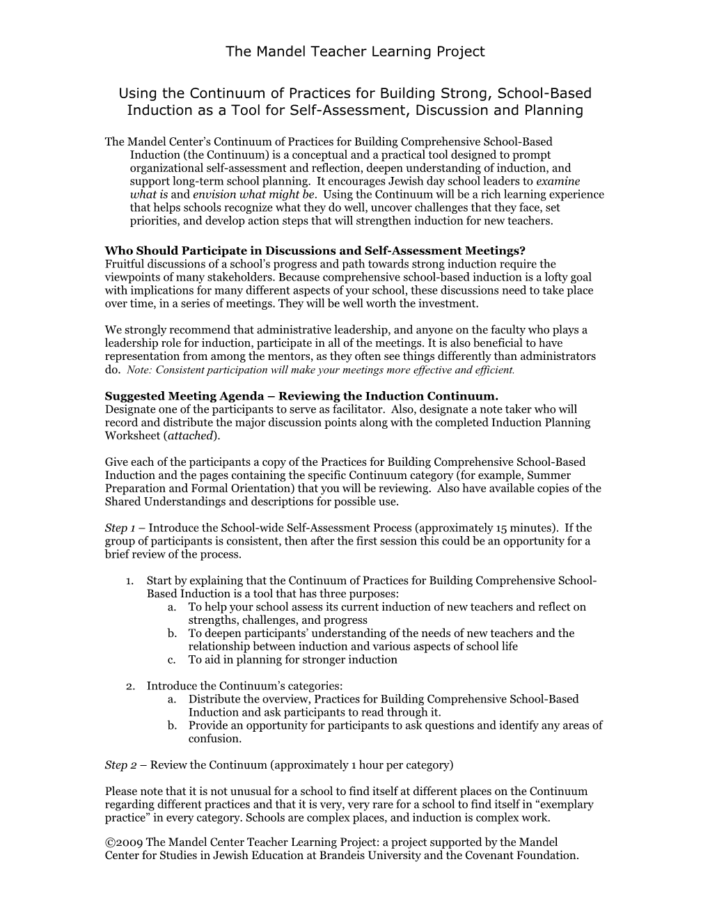 Suggested Meeting Agenda Reviewing the Continuum