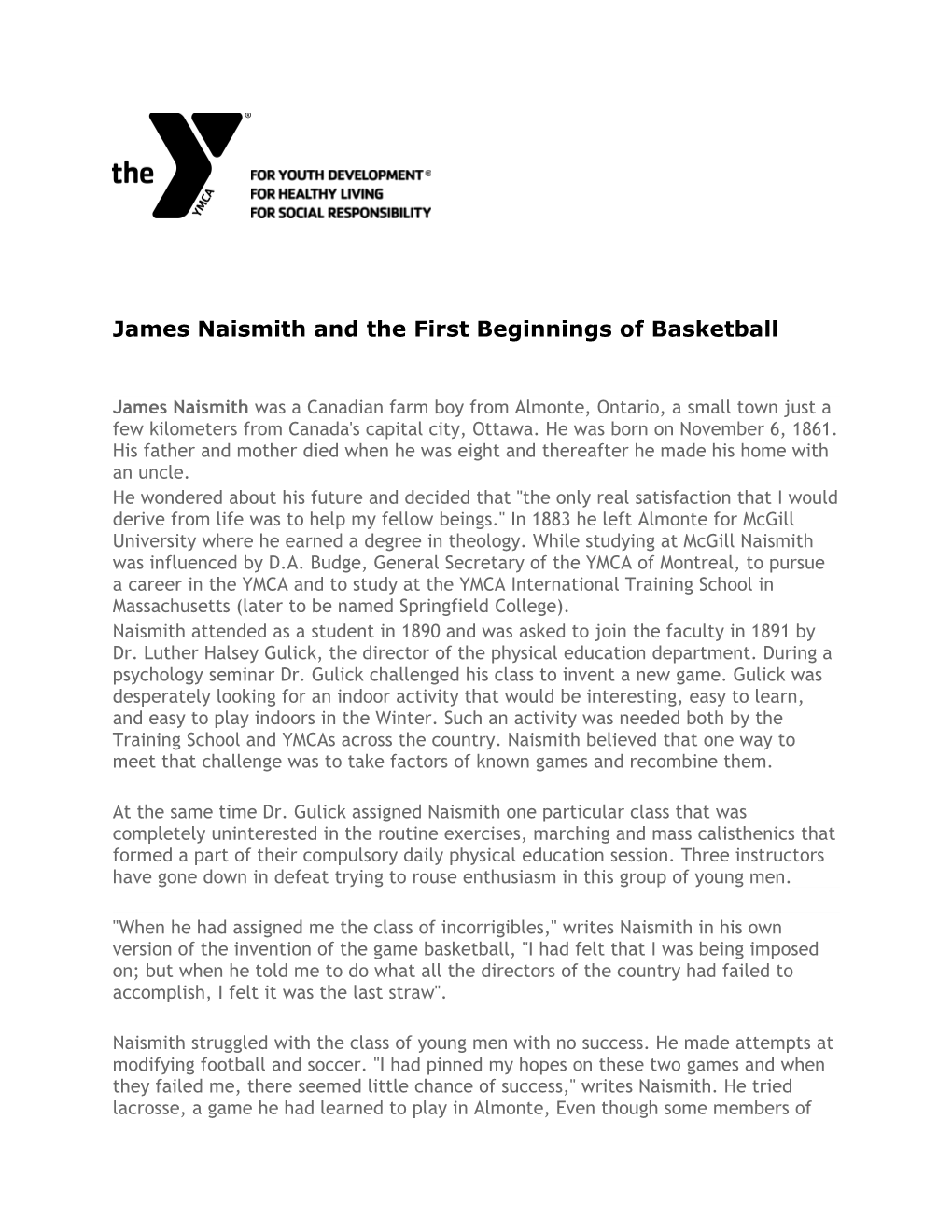 James Naismith and the First Beginnings of Basketball
