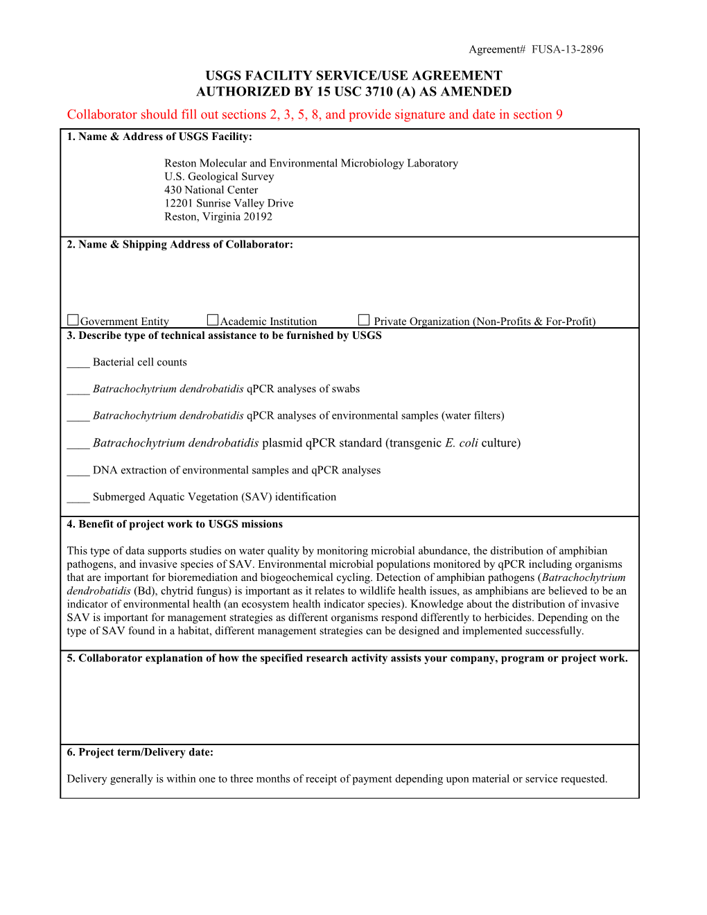 USGS Facility Service/Use Agreement