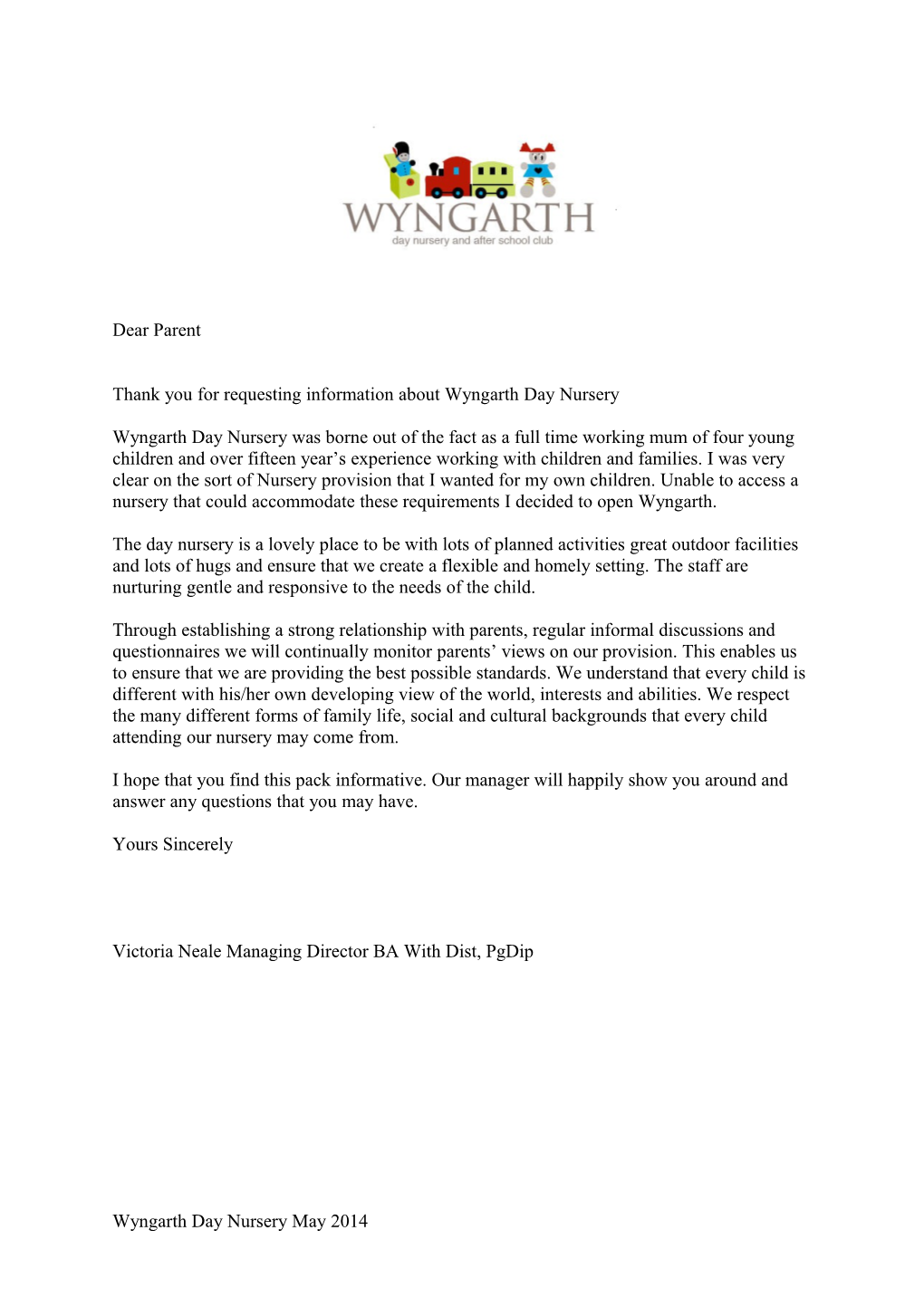 Thank You for Requesting Information About Wyngarth Day Nursery