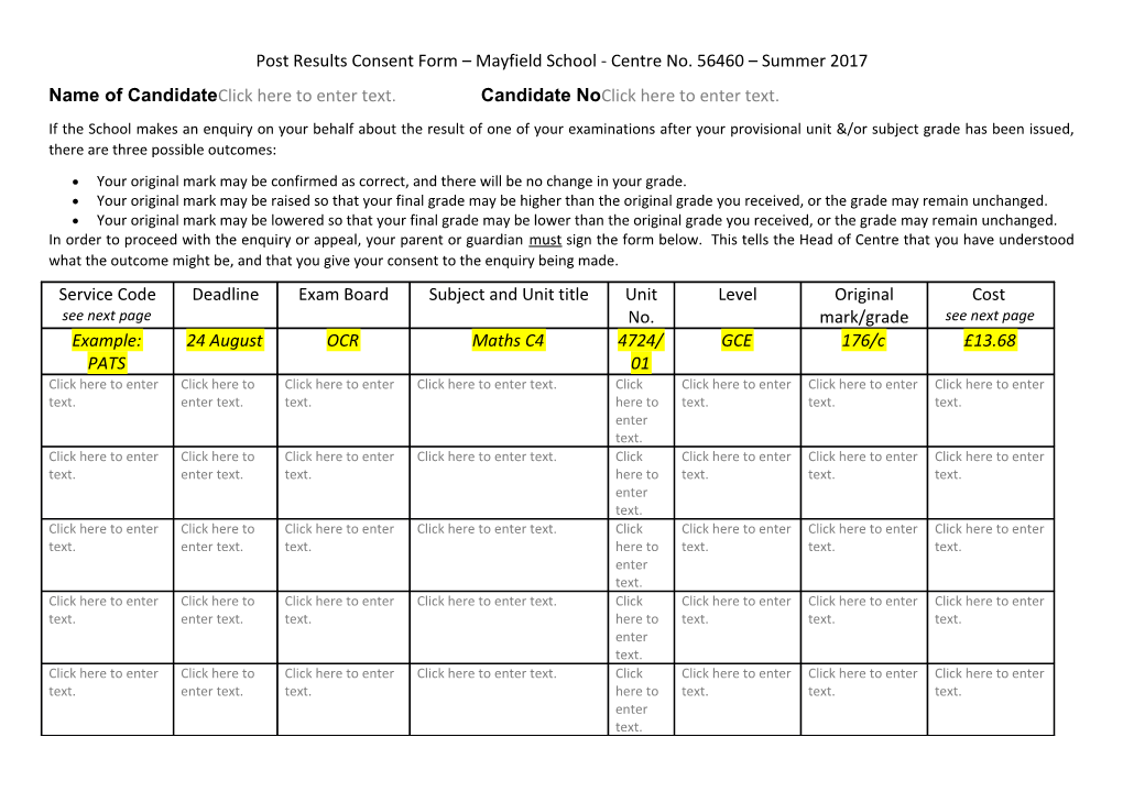 Post Results Consent Form Mayfield School - Centre No. 56460 Summer 2017