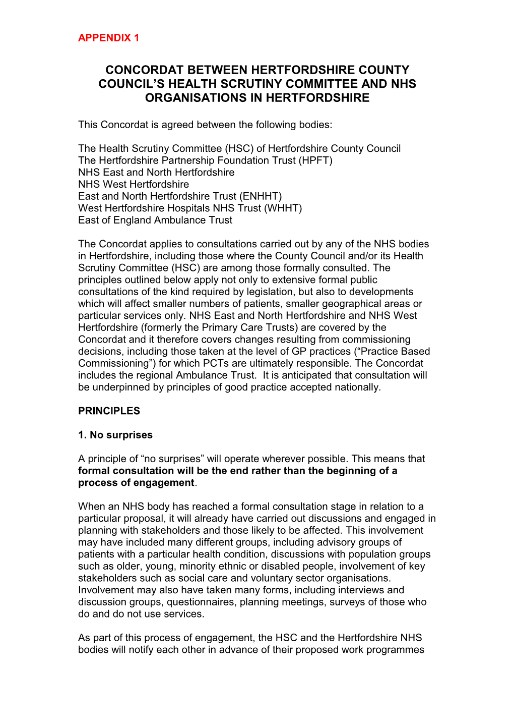 Concordat Between Hertfordshire County Council S Health Scrutiny Committee and Nhs Organisations