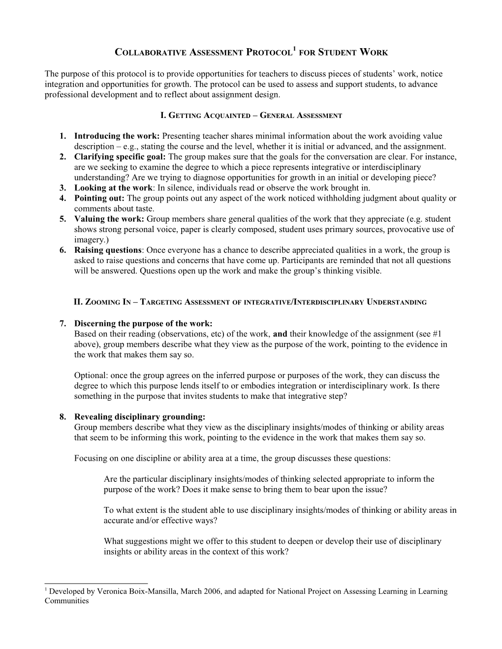 Collaborative Assessment Protocol for Interdisciplinary Student Work