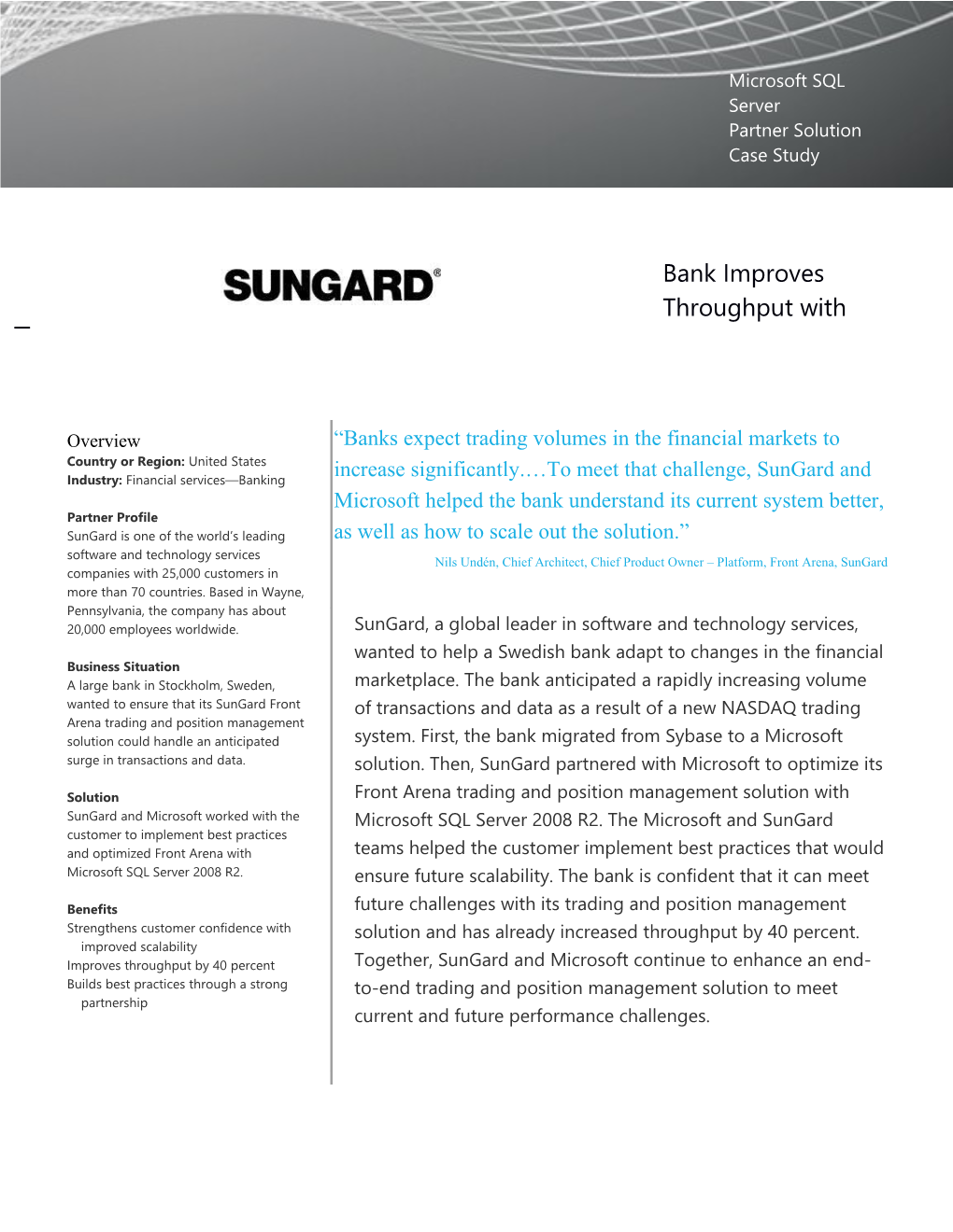 Bank Improves Throughput with Sungard Solution Optimized on Microsoft Platform