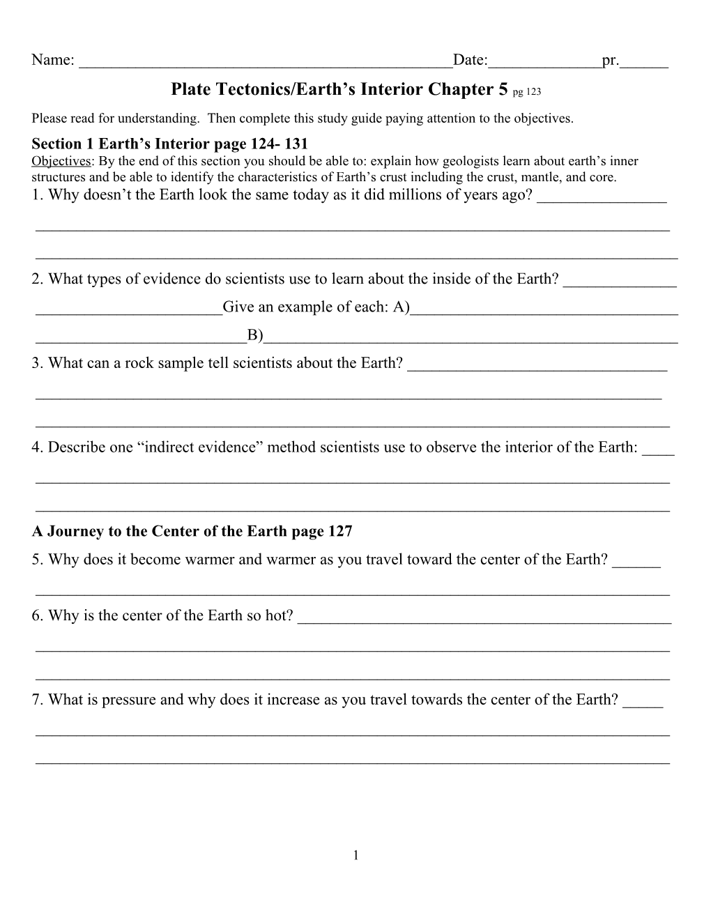 Plate Tectonics/Earth S Interior Chapter 5 Pg 123