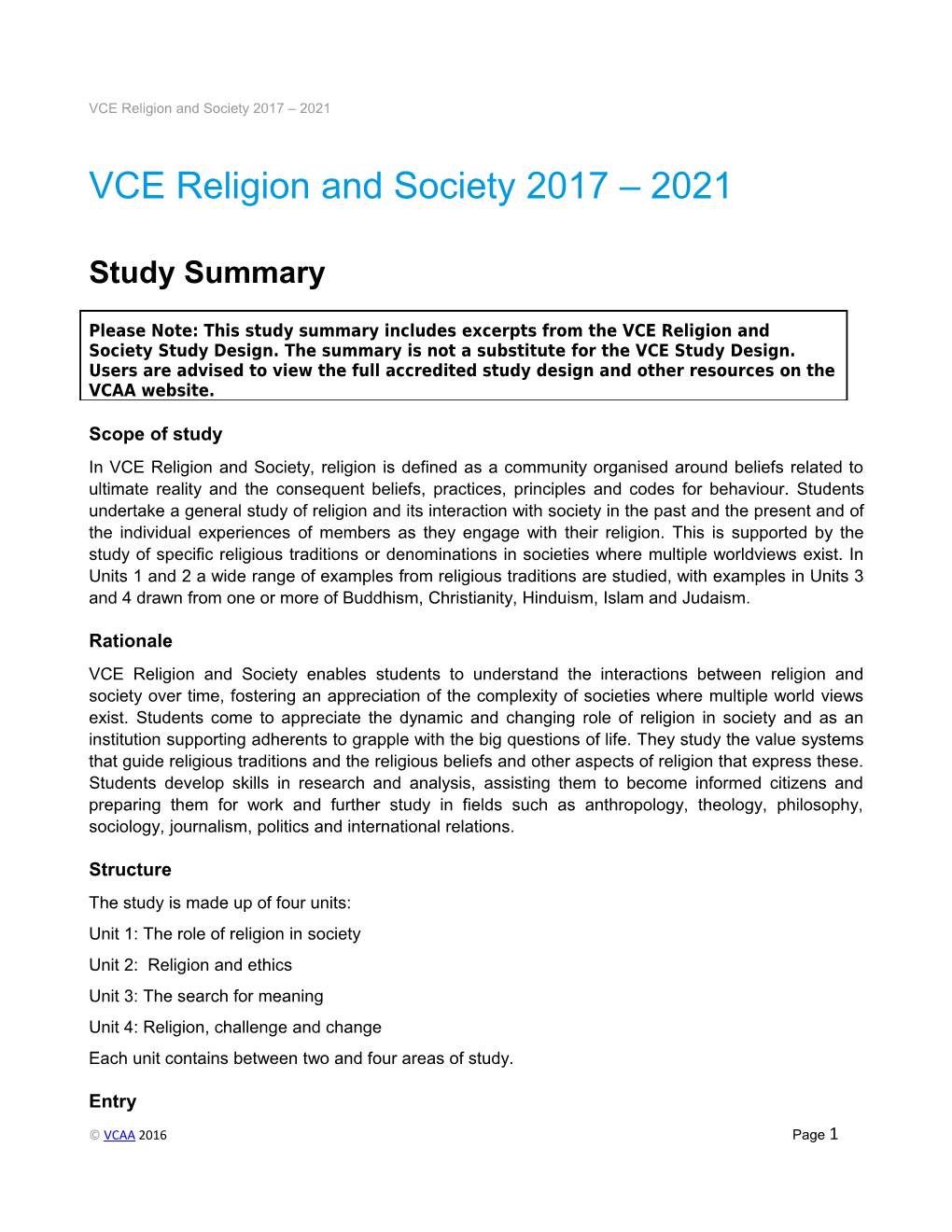 VCE Religion and Society 2017 2021