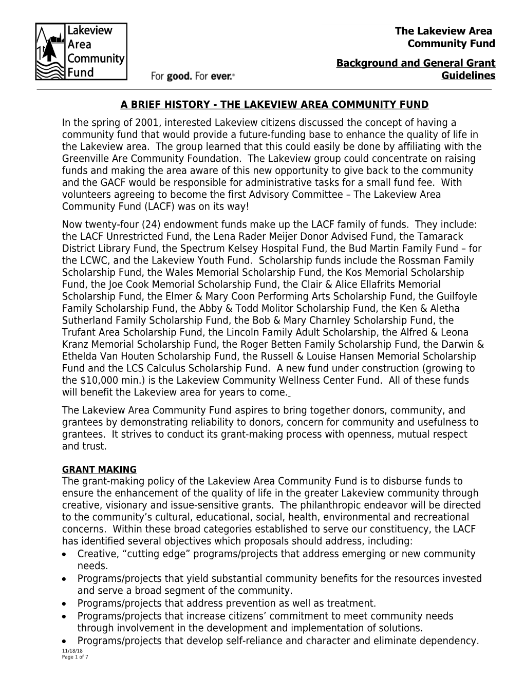 A Brief History - the Lakeview Area Community Fund