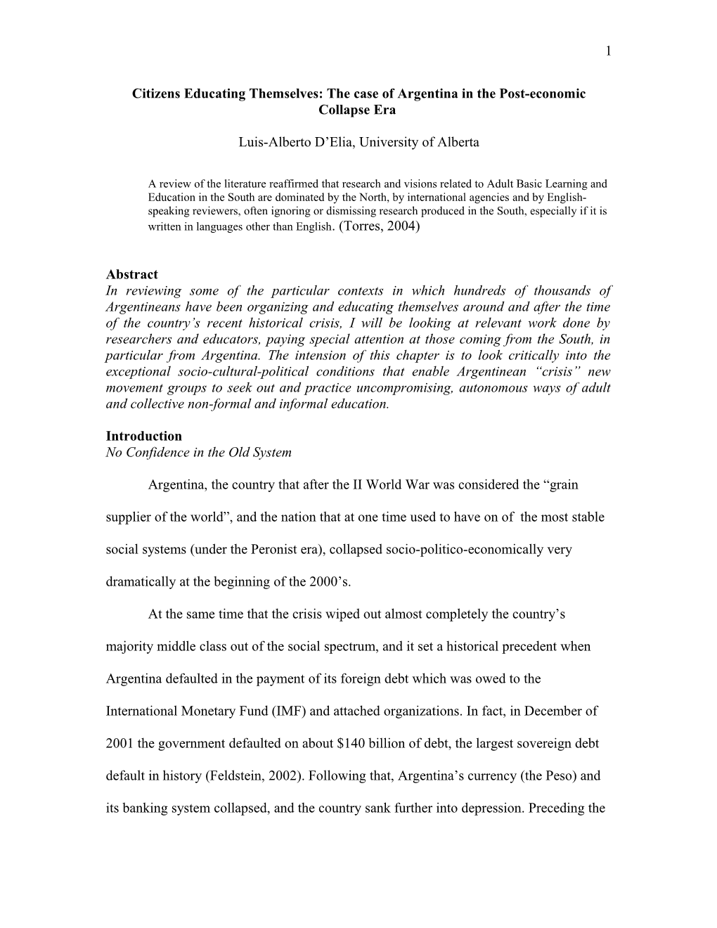 Citizens Educating Themselves: the Case of Argentina in the Post-Economic Collapse Era