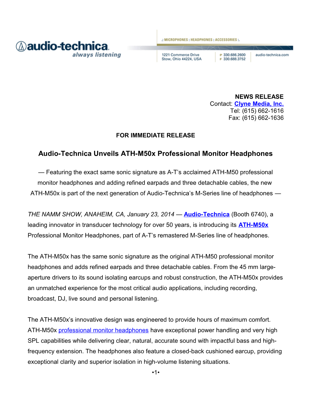 Audio-Technica Unveils ATH-M50x Professional Monitor Headphones
