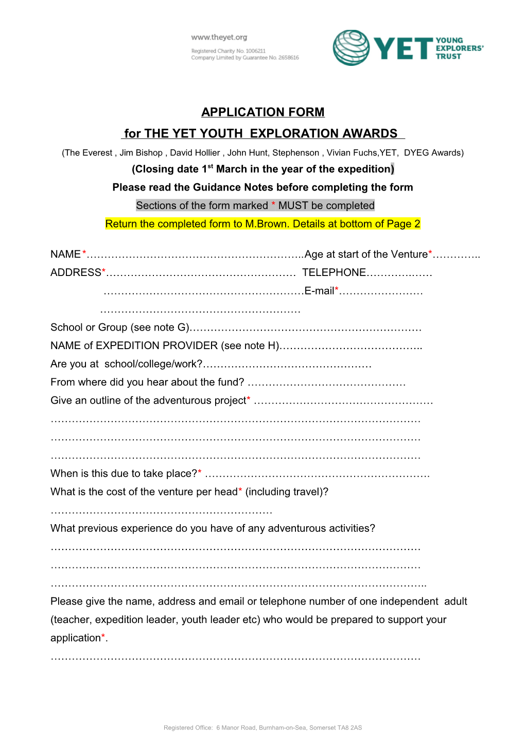 For the YET YOUTH EXPLORATION AWARDS