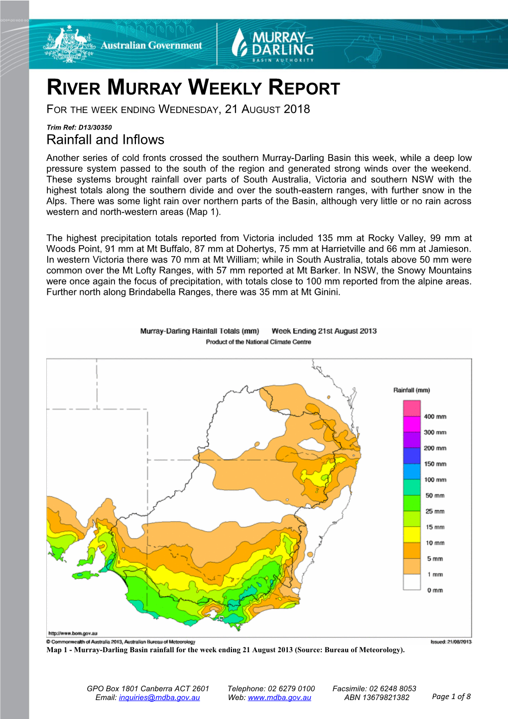 River Murray Operations Weekly Report 21 August 2013