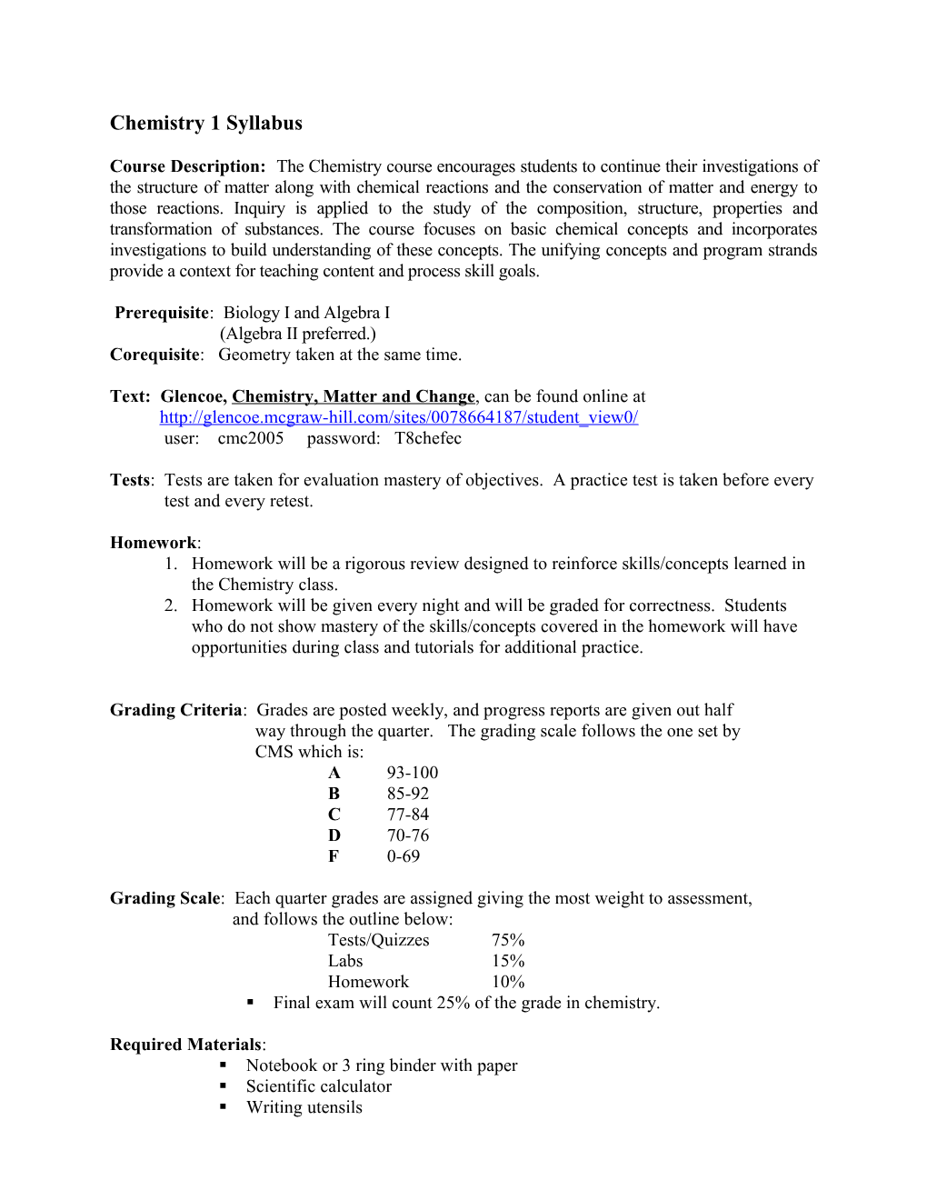 Chemistry 1 Syllabus