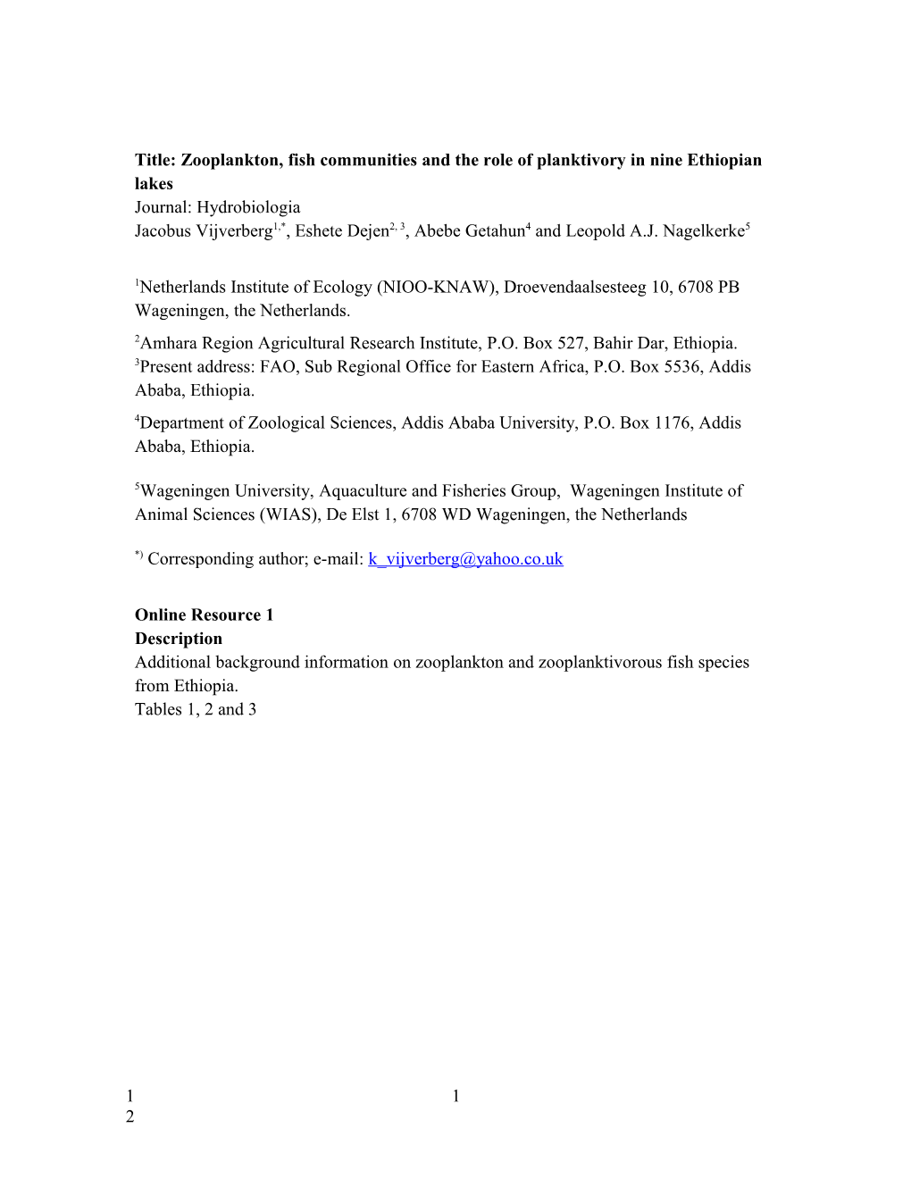 Title: Zooplankton, Fish Communities and the Role of Planktivory in Nine Ethiopian Lakes