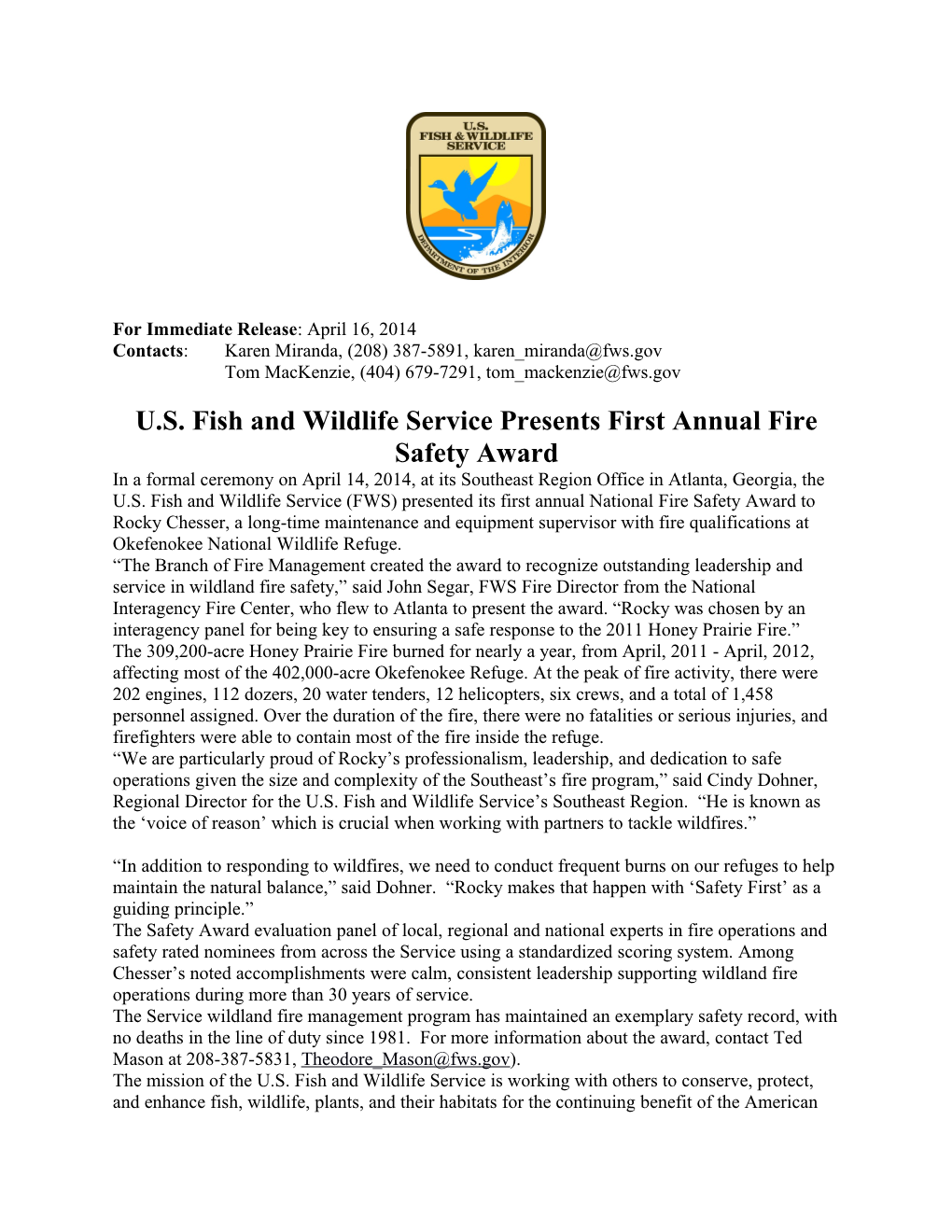 U.S. Fish and Wildlife Service Presents First Annual Fire Safety Award