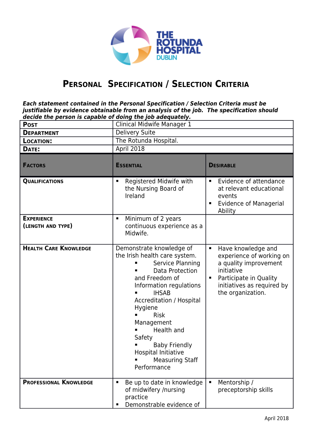 Personal Specification / Selection Criteria