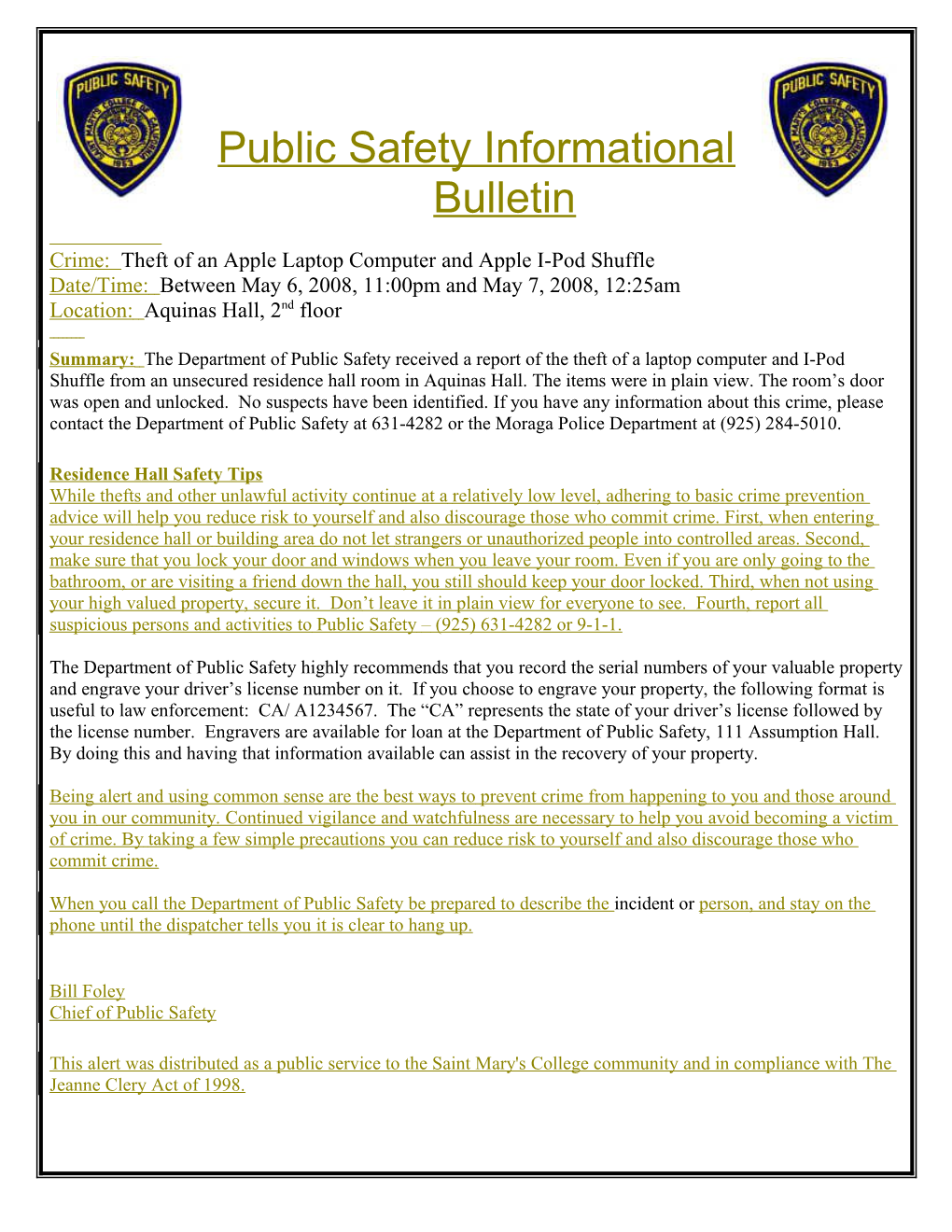 Public Safety Informational Bulletin